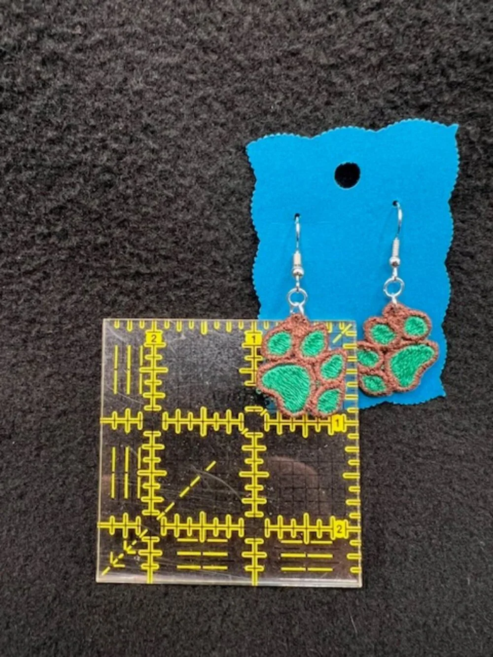 Homemade Brown & Green Paw Print Lace Earrings - Picture 6 of 7